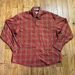 Enro Mens XL Red Tan Plaid Non-Iron Twill Long Sleeve Button Down Shirt Cotton